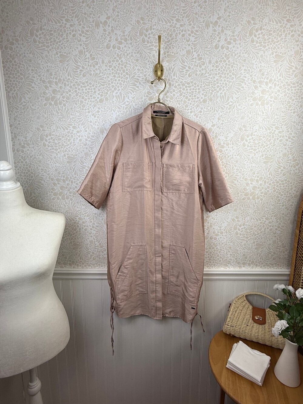 Scotch & Soda Tomboy Fit Pink Metallic Safari Shirt Dress - Size - Small - Picture 2 of 11